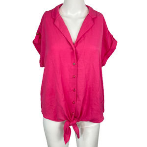 Dunnes Shirt Womens Sz 12 Pink V-Neck Button Front Tie Cuffed Sleeve Lightweight